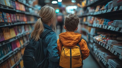 Obraz premium Mother and Son Shopping for School Supplies Together