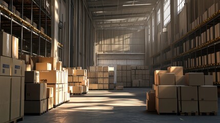 Large industrial warehouse with high racks. In the foreground are a lot of cardboard boxes.