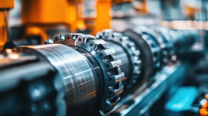 Fototapeta premium Lathe or cutting machine in metallurgical production, close up. Metal production processing. Banner horizontal image.