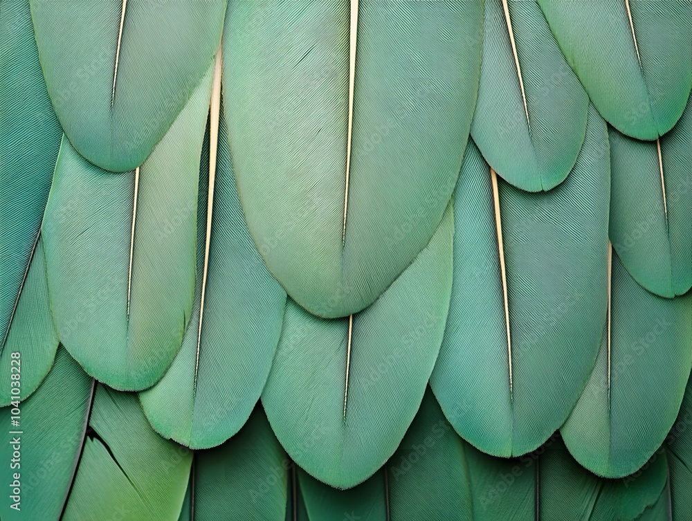 Poster close-up of overlapping green feathers, showcasing texture and color variation.