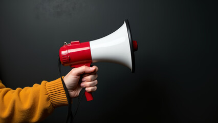 A hand in a mustard yellow sweater holding a megaphone against a textured black background signaling a call to attention or announcement