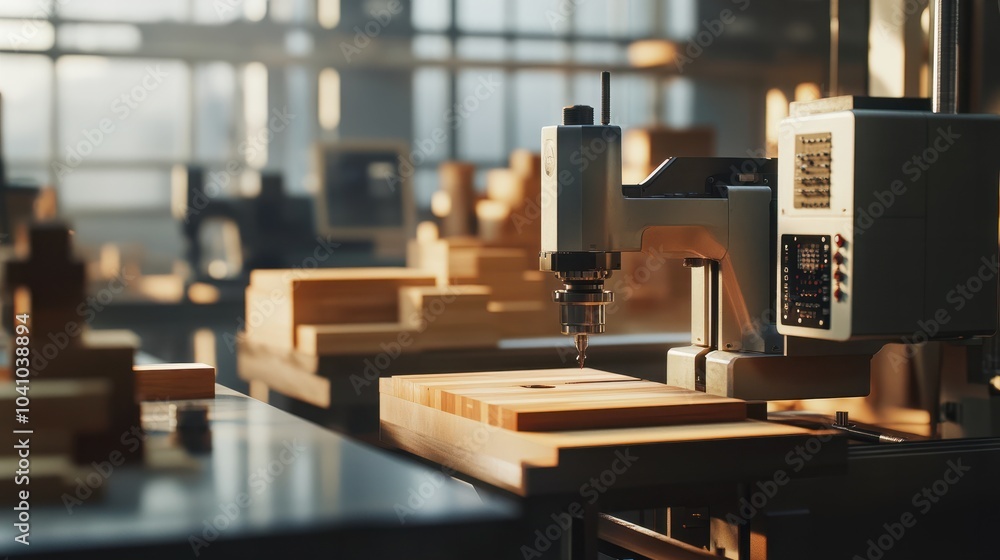Poster machine tool in wood factory with drilling cnc machines. computer numerical control.