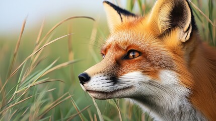 Fototapeta premium A close-up of a fox in tall grass, showcasing its rich orange fur and sharp features as it observes its surroundings.