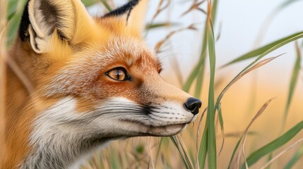 Obraz premium A close-up of a fox in tall grass, showcasing its distinctive fur, keen expression, and natural habitat in a serene setting.