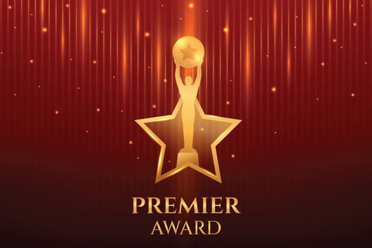 Golden Premier Luxury Award With Glowing Light Beam On Red Background. Royal Theme Movie, Television Icon Award Celebration Concept Design Vector Illustration
