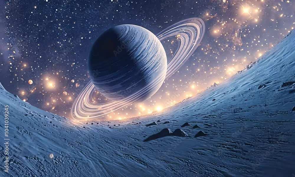 Wall mural ringed planet in space with glowing stars with ai generated.