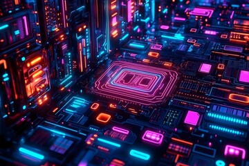 Futuristic Circuit Board with Vibrant Neon Lights
