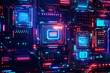 Fototapeta premium Futuristic Circuit Board with Vibrant Neon Lights
