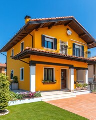 Fototapeta premium A yellow house with a red roof and a balcony. AI.