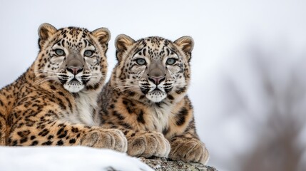 Fototapeta premium Two snow leopards sit closely together on a snowy rock, showcasing their beautiful spotted fur and piercing eyes against a serene winter backdrop.