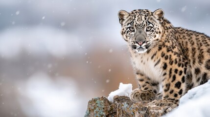 Fototapeta premium A snow leopard stands majestically on a snowy rock, its spotted coat blending beautifully with the winter landscape.