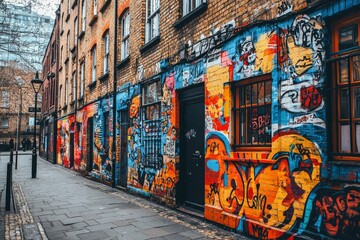 Fototapeta premium Colorful Graffiti Art on Brick Walls in a Narrow Alleyway