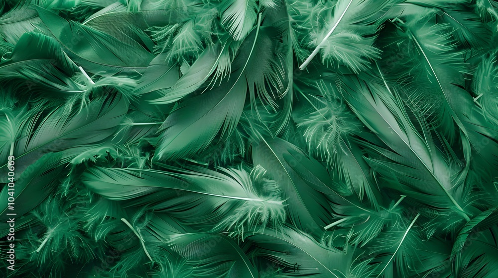 Poster a dense arrangement of vibrant green feathers creating a textured and colorful background.