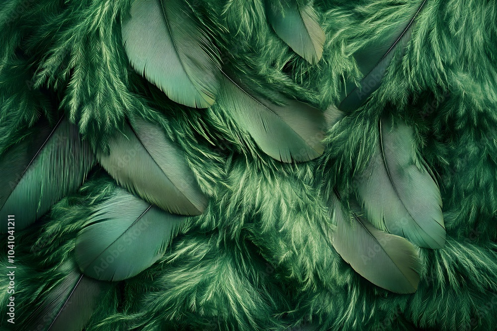 Poster a textured background featuring green feathers and fur, creating a rich, layered visual effect.