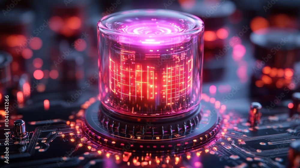 Poster a futuristic glowing data core on a circuit board.