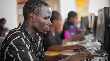 Adults acquiring digital skills through training programs, enhancing their employability and tech proficiency.