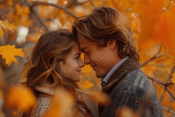 Fototapeta premium Young couple in love standing closely together, surrounded by vibrant autumn foliage. 