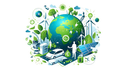 Eco-friendly travel concept with a green globe symbolizing nature and sustainability featuring icons of cars, trees, and houses representing a balanced environment and energy conservation