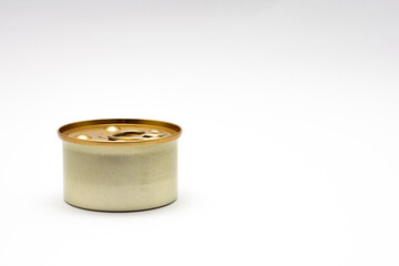 Can of food is sitting on a white background