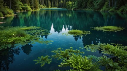 A serene lake nestled amidst a breathtaking mountain landscape. Crystal-clear water reflects the towering peaks, lush green forests, and fluffy white clouds above.