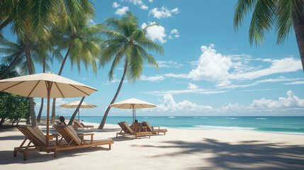 Fototapeta premium chairs a luxury beach resort, with palm trees, a clear blue sky, and waves gently hitting the shore in the background