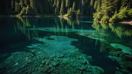 A serene lake nestled amidst a breathtaking mountain landscape. Crystal-clear water reflects the towering peaks, lush green forests, and fluffy white clouds above.