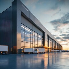 Realistic render of large logistic business transport warehouse dock station. Factory and transport house. Commercial office building.