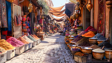 Obraz premium A busy market street in Marrakech complete with vibrant spices and textiles