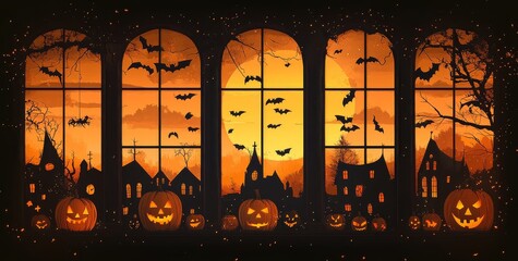 Vector illustration of window frames adorned with Halloween icons, featuring a silhouette vector set for festive window decorations, designed for postcard and banner templates.