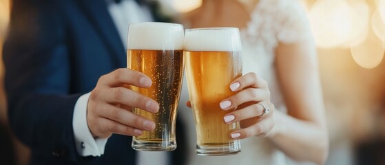 Wedding Celebration, Bride and Groom Toast with Glasses of Beer