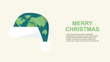 Global Earth Santa Hat Christmas Minimalist Design. Eco-friendly seasonal greetings. Eco-friendly christmas banner. Sustainable christmas banner. Vector illustration. Earth santa hat.