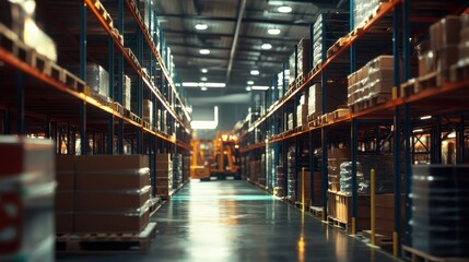 Fototapeta premium Retail warehouse full of shelves with goods in cartons, with pallets and forklifts. Logistics and transportation blurred background. Product distribution center.