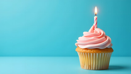 Cupcake with cream and candle on blue background, space for text