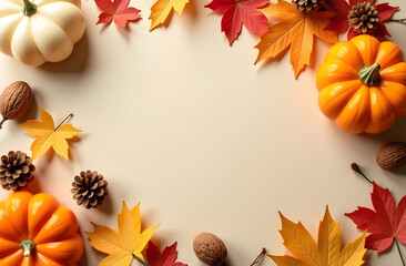 Autumn background for inscription, maple leaf, pumpkin, cones