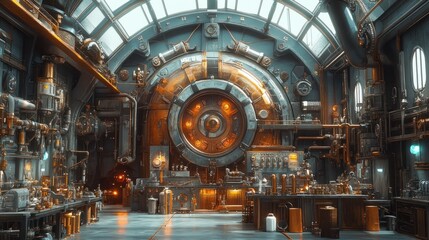 Fototapeta premium A steampunk-inspired laboratory filled with intricate machinery.