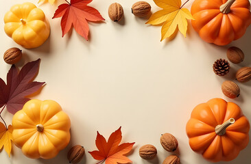 Autumn background for inscription, maple leaf, pumpkin, cones