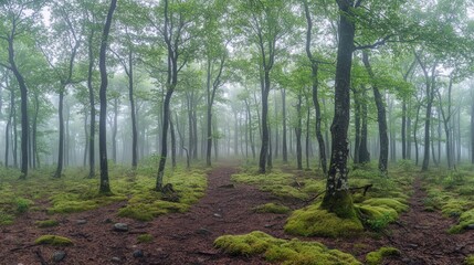 Obraz premium A misty forest path with green moss, tall trees, and a slight bend.