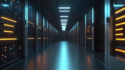 Fototapeta premium Modern server room with glowing lights.