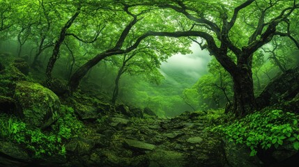 Fototapeta premium A misty forest path leads through a dense canopy of trees, sunlight filtering through the leaves.