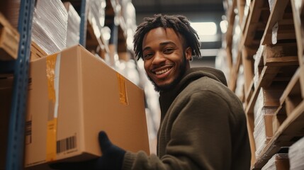 Smiling warehouse worker taking package in the shelf