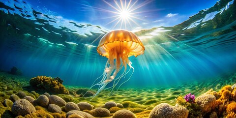 Sunbeams pierce the surface of the ocean, illuminating a golden jellyfish suspended in the turquoise water, casting long shadows on the sandy seabed and surrounding coral reefs.