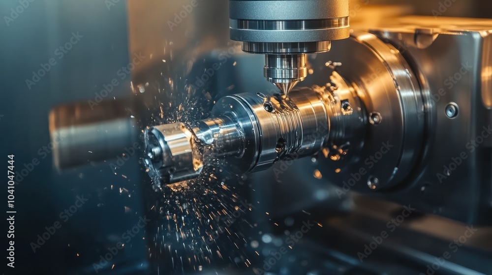 Poster the cnc lathe machine in metal working process finish cutting the metal cone shape parts. with light