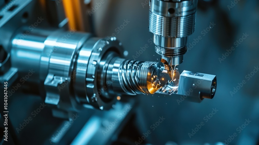 Poster the cnc lathe machine in metal working process finish cutting the metal cone shape parts. with light