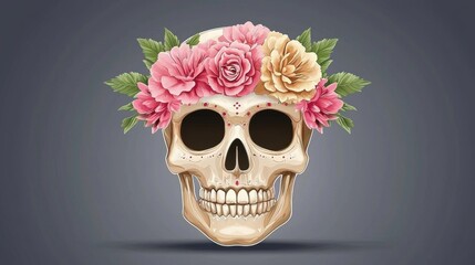 Floral Skull with Roses and Dahlias Spooky and Romantic Gothic Art Design