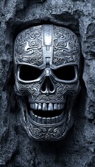 Intricate skull sculpture embedded in stone, detailed design, dark background.