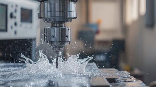 Vertical photo of industrial wet milling process in 5-axis cnc machine with coolant flow under pressure and freezed splashes