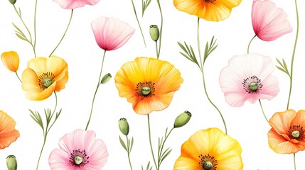 Vibrant Floral Design Featuring Colorful Poppy Flowers in a Whimsical Pattern
