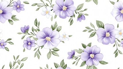 Fototapeta premium Elegant Floral Pattern Featuring Purple and White Blooms and Green Leaves for Stylish Home Decor