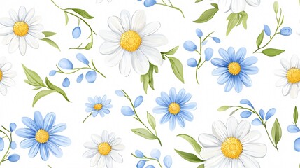 Charming Floral Pattern Featuring Blue Daisies and Delicate Green Leaves for Stylish Interior Decor