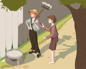Tom sawyer paints fence and bargains for red apple book illustration. Vector cartoon